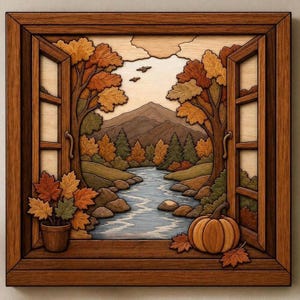May include: A wooden wall art piece featuring a layered cutout design of an open window looking out onto an autumn landscape. The scene includes a flowing river, mountains, trees with orange and brown leaves, a potted plant, and a pumpkin.