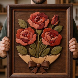 Pode incluir: Escultura em relevo de madeira emoldurada com rosas. A obra apresenta três rosas vermelhas, um botão e folhas verdes, dispostas num vaso com um laço. A moldura e o fundo são castanhos escuros, criando contraste com as rosas.