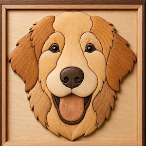 May include: A wooden intarsia wall art piece depicting the head of a golden retriever dog. The artwork is composed of various shades of natural wood grain, featuring a dark brown nose, a pinkish tongue, and a light-colored face in a frame.