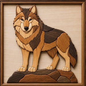 May include: A framed wooden intarsia wall art piece depicting a standing wolf. The wolf is crafted from various shades of natural wood, including light tan, medium brown, and dark brown tones, set against a light wood background within a wooden frame.