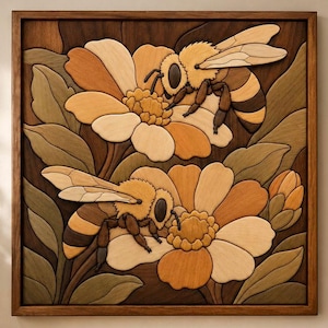 May include: A square wooden wall art piece featuring an intricate marquetry design of two bees resting on large, multi-toned flowers. The artwork is composed of various shades of natural wood grain, showcasing light, medium, and dark brown tones.