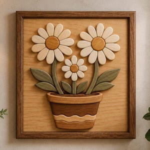 May include: Wooden wall art featuring a carved design of three daisies in a brown pot. The daisies have light beige petals and brown centers. The pot is brown with a wavy design. The artwork is framed in a dark brown wooden frame.