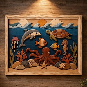 Puede incluir: Un cuadro de madera enmarcado que presenta una escena oceánica en capas. La obra muestra un delfín, una tortuga marina, un pulpo, una medusa, un caballito de mar, una estrella de mar y varios peces, junto a olas, un sol y corales.