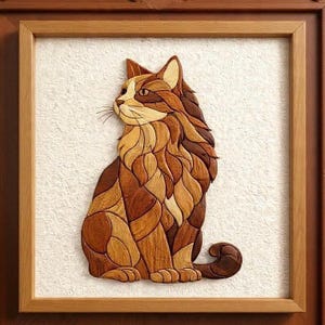 May include: Wooden mosaic art of a cat in a wooden frame. The cat is composed of various shades of brown wood pieces, creating a textured effect. The cat is sitting, with its tail curled. The background is a textured white surface.
