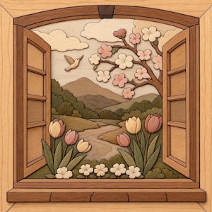 May include: A wooden wall art piece depicting an open window frame looking out onto a landscape. The scene features a flowering tree with pink and white blossoms, a flying bird, rolling hills, a winding path, and colorful tulips in the foreground.