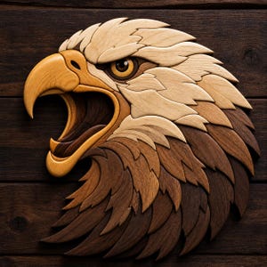 Puede incluir: Escultura de madera de la cabeza de un águila con el pico abierto, elaborada con diversas tonalidades de madera. La obra presenta patrones detallados de plumas y una mirada enfocada, con una paleta de colores naturales de marrones y beiges. Fondo de madera oscura.