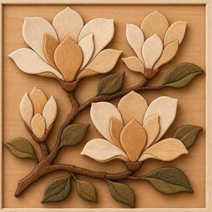 May include: A square wooden wall art piece featuring an intricate marquetry design of magnolia flowers and buds. The artwork displays layered petals in varying shades of light and dark wood, set against a smooth, light-toned wooden background.