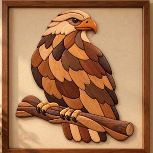 Puede incluir: Una pieza de arte mural de marquetería de madera enmarcada que representa un águila posada en una rama. El águila está elaborada con varios tonos de madera natural, desde el beige claro hasta el marrón oscuro, creando un aspecto texturizado.