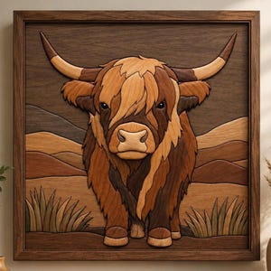 May include: A square wooden wall art piece featuring a layered marquetry design of a Highland cow. The cow is rendered in various shades of brown and tan wood, set against a background of rolling hills and grass, all enclosed in a dark wood frame.