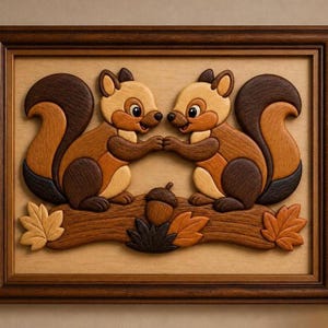 May include: A wooden framed artwork featuring two cartoon squirrels holding hands. The squirrels are made of various shades of brown wood, with light tan faces and dark brown tails. They sit on a wooden branch with an acorn and autumn leaves.