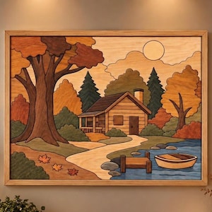May include: A rectangular wooden wall art piece featuring a landscape scene with a cabin, a large tree, a winding path, a small dock, and a boat on water. The artwork uses various shades of natural wood grain to depict autumn foliage and clouds.