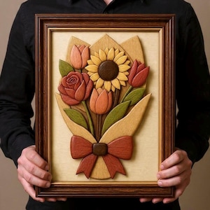 Floral Intarsia Woodworking Pattern | Daisy Flower bouquet  Wall Art  | Scroll Saw  Template | Wooden Wall Decor DIY | Handmade