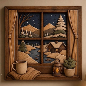 May include: A wooden wall art piece depicting a window view of a snowy winter landscape with mountains, pine trees, and a cabin. The window sill features a beige mug on a folded cloth, a small lantern with a glowing light, and a potted succulent plant.