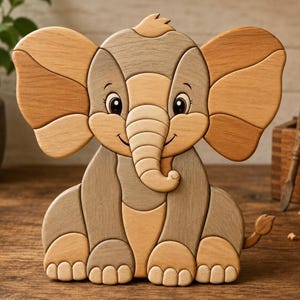 Intarsia-patroon met olifant | Sjabloon voor figuurzaag | Muurdecoratie voor de kinderkamer | DIY-houtbewerkingsidee | Woondecoratie | Handgemaakt cadeau