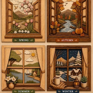 May include: A set of four wooden wall art panels depicting seasonal window views. The spring panel shows flowers and hills, autumn features a river and pumpkin, summer displays a lake with a sailboat, and winter shows a snowy cabin and pine trees.