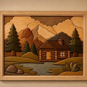 Peut inclure: Tableau encadré en bois représentant un paysage de montagne avec un chalet. L'œuvre présente un chalet, des montagnes, des arbres et un lac, tous fabriqués à partir de différentes nuances de bois. Le cadre est de couleur marron clair.