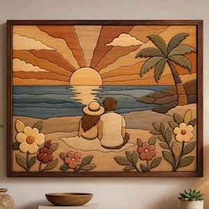 May include: A rectangular wooden wall art piece featuring a layered marquetry scene of a sunset over the ocean. Two figures sit on a sandy beach near a palm tree and flowers. The artwork uses various wood tones to depict the sky, sea, and landscape.