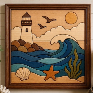 May include: Wooden framed artwork depicting a coastal scene. A lighthouse stands on a rocky shore, with waves, a seashell, and a starfish. The artwork features a sun, clouds, and two birds in flight. The color palette includes shades of brown, blue, and tan.