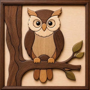 May include: A framed wooden intarsia wall art piece featuring a layered owl perched on a tree branch. The owl is crafted from various shades of brown and tan wood, with large black eyes and a light-colored face. The background is a light beige wood.