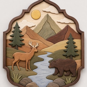 May include: Wooden wall art depicting a mountain landscape with a deer, bear, river, and trees. The artwork features a sun, clouds, and a decorative frame. The color palette includes shades of brown, green, and blue, creating a natural scene.