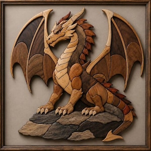May include: A framed wall art piece featuring a multi-tonal wooden dragon marquetry design. The dragon is depicted in shades of light, medium, and dark brown wood, perched on a rocky base made of dark gray and brown wood segments within a frame.