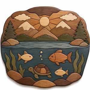 May include: A wooden intarsia wall art piece depicting a landscape with a sun, clouds, mountains, and pine trees above a lake. The water contains a turtle, three fish, and aquatic plants, all crafted from various shades of natural wood.
