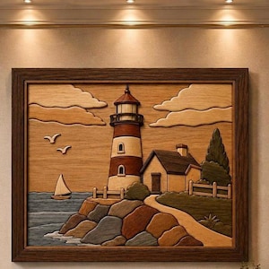 May include: A rectangular wooden wall art piece featuring a marquetry scene of a lighthouse, a small house, a sailboat, and birds. The image is composed of various wood tones and textures, framed in a dark brown wood border, depicting a coastal landscape.