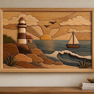 May include: A rectangular wooden wall art piece featuring a layered marquetry scene of a coastal landscape. The image depicts a lighthouse on a rocky shore, a sailboat on the water, a rising sun, clouds, and two birds, all crafted from various wood tones.