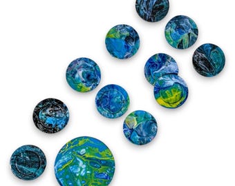 Set of 11 handcrafted abstract wooden magnets - acrylic pouring magnets on plywood - made in Quebec - abstract colored acrylic magnets