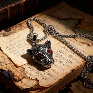 Puede incluir: Collar con colgante plateado con una cabeza de jaguar detallada con ojos rojos. El colgante está en una cadena plateada, descansando sobre un libro abierto con páginas envejecidas y texto manuscrito. Una pieza de joyería llamativa.