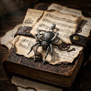 May include: A silver spider pendant with intricate detailing rests on a stack of aged paper and a leather-bound book. The book is titled "MORTAL MUNDI". The background includes sheet music and gears, creating a vintage, gothic aesthetic.