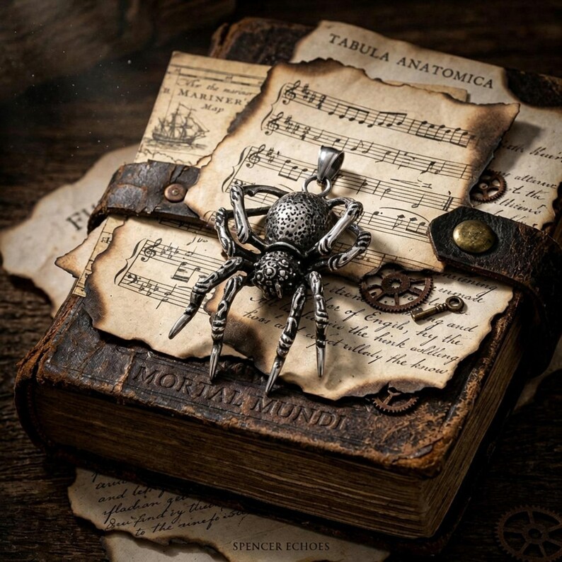 May include: A silver spider pendant with intricate detailing rests on a stack of aged paper and a leather-bound book. The book is titled "MORTAL MUNDI". The background includes sheet music and gears, creating a vintage, gothic aesthetic.