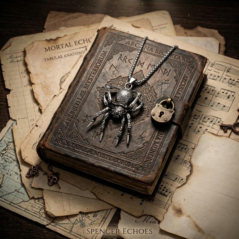 May include: A silver spider pendant necklace rests on a vintage leather-bound book with a padlock clasp. The book is surrounded by aged paper with handwritten text and musical notes. The pendant is detailed with intricate legs and body features.
