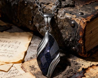 Retro Titanium Steel Pendant with Blue Sandstone Inlay / Gothic Punk Black Crystal Necklace / Unisex