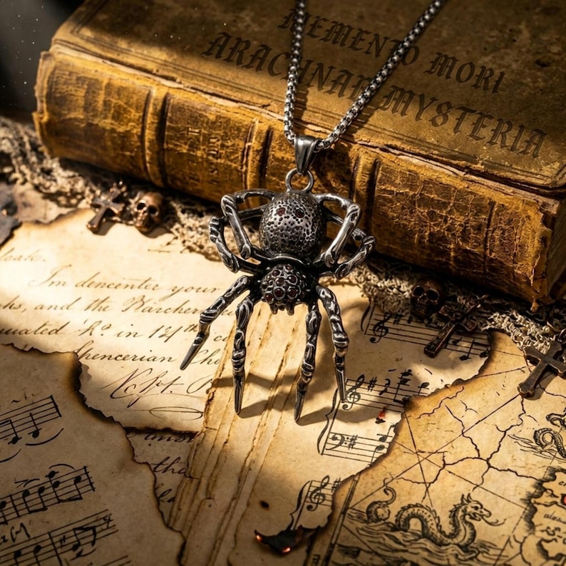 May include: A silver spider pendant necklace with a detailed arachnid design. The spider has a textured body and legs, with red accents. The necklace is displayed on aged paper with musical notes and a vintage book in the background.