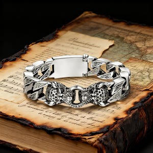 Vintage Doppel Leopard-Kopf Ketten-Armband / Harley-Davidson Motorradfahrer Schmuck Accessoire / Messinglegierung