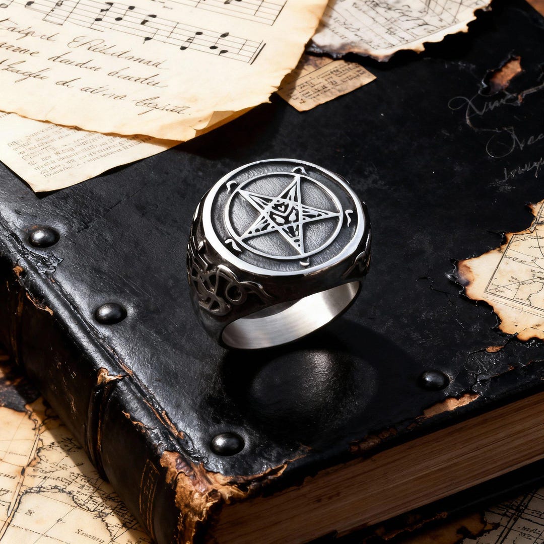 Satanic Hops Retro Titanium Steel Pentagram Ring / Hip-hop Devil Satan Ring / Harley ...
