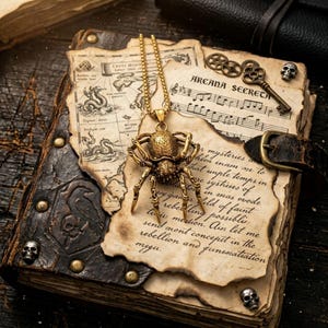 May include: A gold-colored spider pendant necklace rests on aged paper atop a leather-bound book. The book has metal studs and skull accents. The background includes a key, gears, and sheet music with the text "ARCANA SECRETA".
