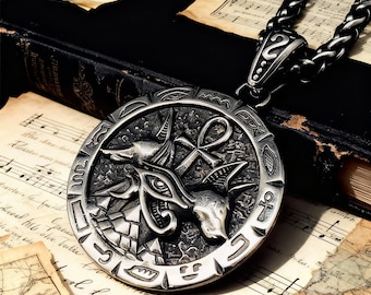 Retro Titanium Steel Ancient Egyptian Anubis Horus Eye Round Pendant / Unisex / Mystic Necklace