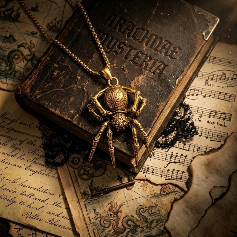 May include: A gold-colored spider pendant necklace. The spider pendant is detailed with textured surfaces and long legs. The necklace rests on a vintage book with the title "ARACHNAE MYSTERIA" embossed on the cover, surrounded by antique papers.