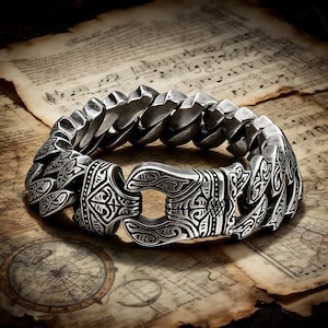 May include: A silver-toned bracelet with an intricate, geometric design. The bracelet features a series of interconnected, textured links and a decorative clasp. The background includes aged paper with musical notes and a map.