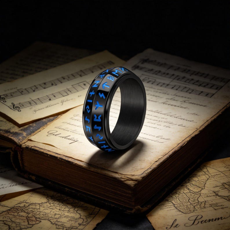 Blue Rune Ring Retro Nordic Viking Rune Rotating Titanium Ring / Unisex / Stress ...