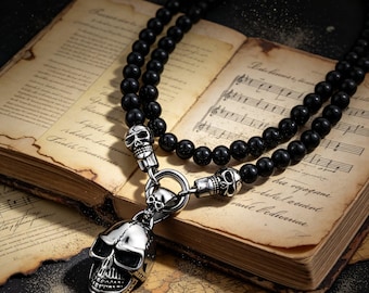 Collar vintage de acero de titanio plateado con calavera sonriente y cuentas de vidrio / Regalo de joyería hip-hop punk