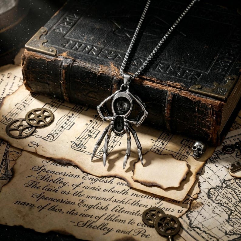 May include: A silver-toned spider pendant necklace with a detailed arachnid design. The necklace is displayed on aged paper with handwritten text and musical notes, alongside a vintage book and small gears. A skull is also visible.