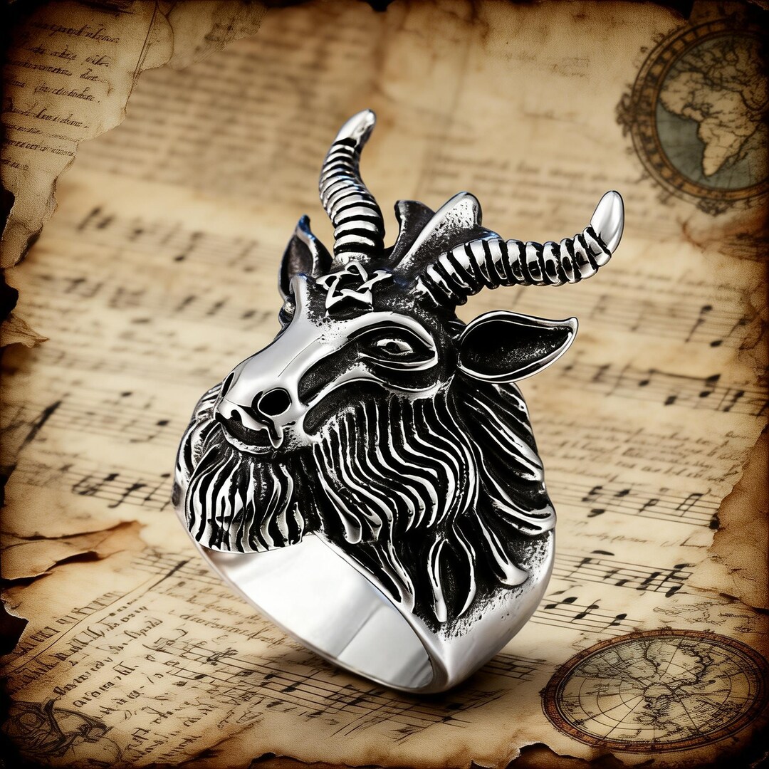 Satanic Hops Vintage Pentagram Satanic Goat Head Titanium Steel Ring / Unisex / Hip ...