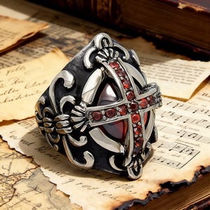 May include: A silver and black ring with a cross design. The ring features a large red stone at its center, surrounded by smaller red stones. The cross is detailed with silver accents and sits atop a black band with ornate detailing.