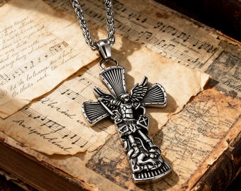 Vintage Archangel Michael Cross Titanium Steel Pendant Necklace / Unisex
