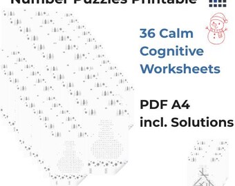 Snow Winter Number Search Puzzles – Beginner and Advanced Levels | 36 Printable Cognitive Training Worksheets with 3 Levels Reverse Numbers