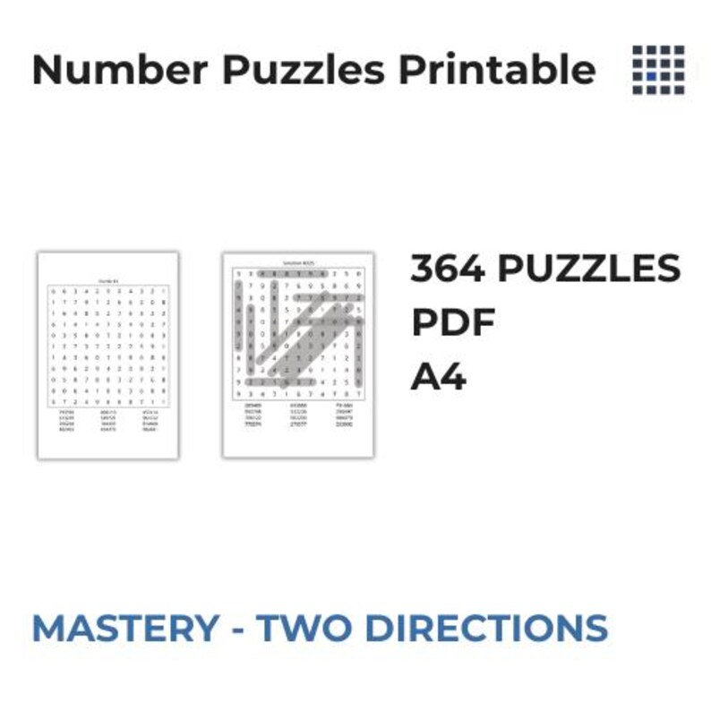 Advanced number puzzles printable worksheets at Mastery Level with 364 puzzles and approximately 6000 number combinations. Structured cognitive training material using consistent 6-digit combinations solved in forward and backward direction. Designed for focused thinking, sustained concentration, and advanced number reasoning in therapy, care settings, adult education, and professional brain training programs.