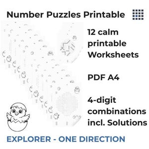 Könnte beinhalten: Ein Stapel druckbarer Zahlenrätsel-Arbeitsblätter mit Küken-Motiv. Der Text lautet "Number Puzzles Printable", "12 calm printable Worksheets", "PDF A4" und "4-digit combinations incl. Solutions". Der Text unten lautet "EXPLORER - ONE DIRECTION".